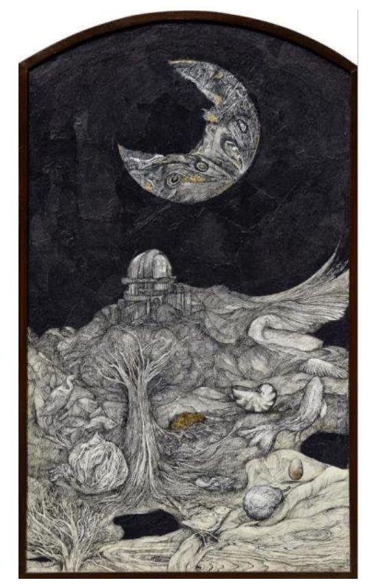 Realm of Midnight-I (2024) Ink, gold leaf on paper & textile with wooden frame