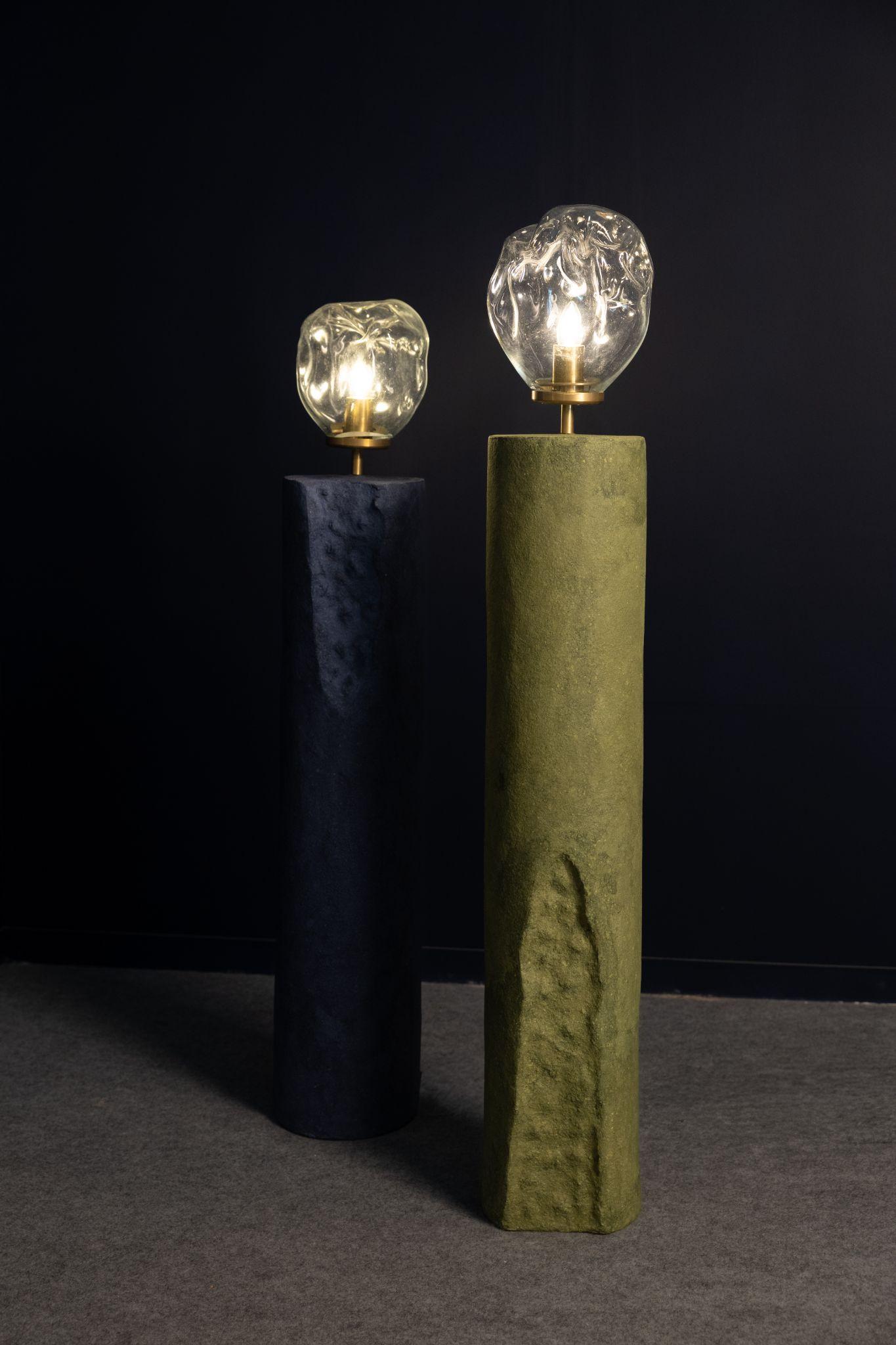 Pillar Lamp (Blue) | Pillar Lamp (Green) Pigmented Paper Pulp | Brass | Glass Globe